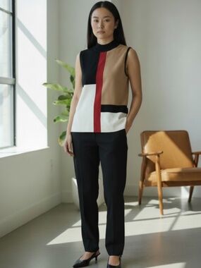 Colorblock Sleeveless Mock Neck Knit Top - Size L